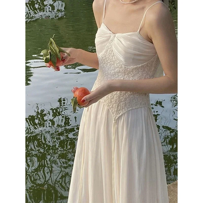 Verão novo francês chique rendas mulheres camis vestido vintage emendado alças plissadas midi vestidos harajuku elegante festa