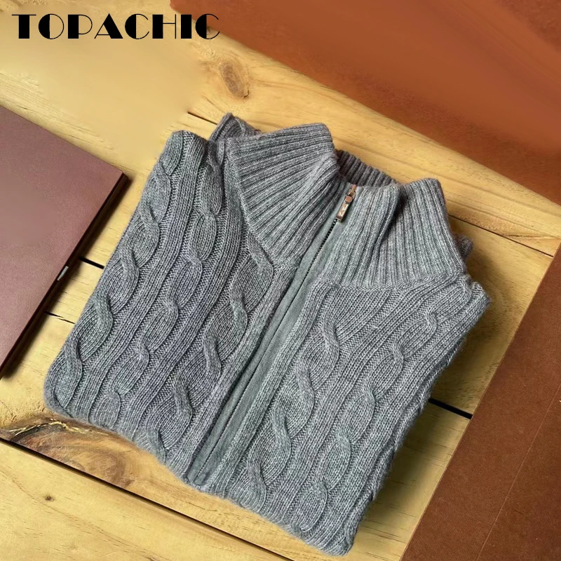 10.9 TOPACHIC Mock Neck Half Zipper Twist Knitted Cashmere Casual Pullover Men\'s Sweater