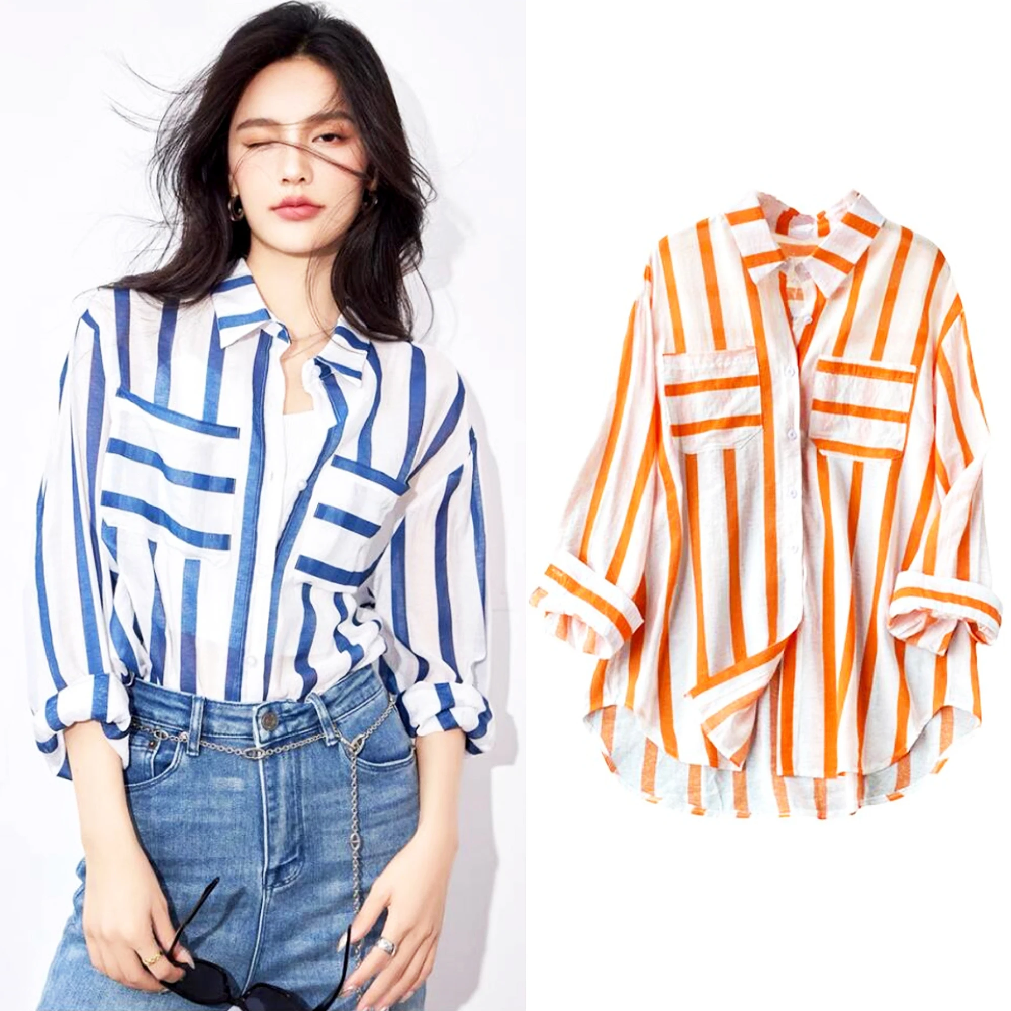 Korean Dongdaemun High Quality Clothing Top Women 2024 New Style Candy Strip Casual Women's Shirt Blusas Para Mujer SL037