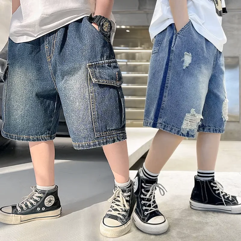 Boys Summer Wide Leg Cargo Jeans 5-14 Years Kids Fashion Cool Ripped Denim Shorts Casual Loose Five-Point Sweatpants