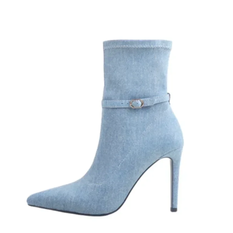 

2024 Women's Autumn/Winter New Denim Stiletto High Heel Side Zipper Short Boots European And American Sexy Simple Fashion Shoes