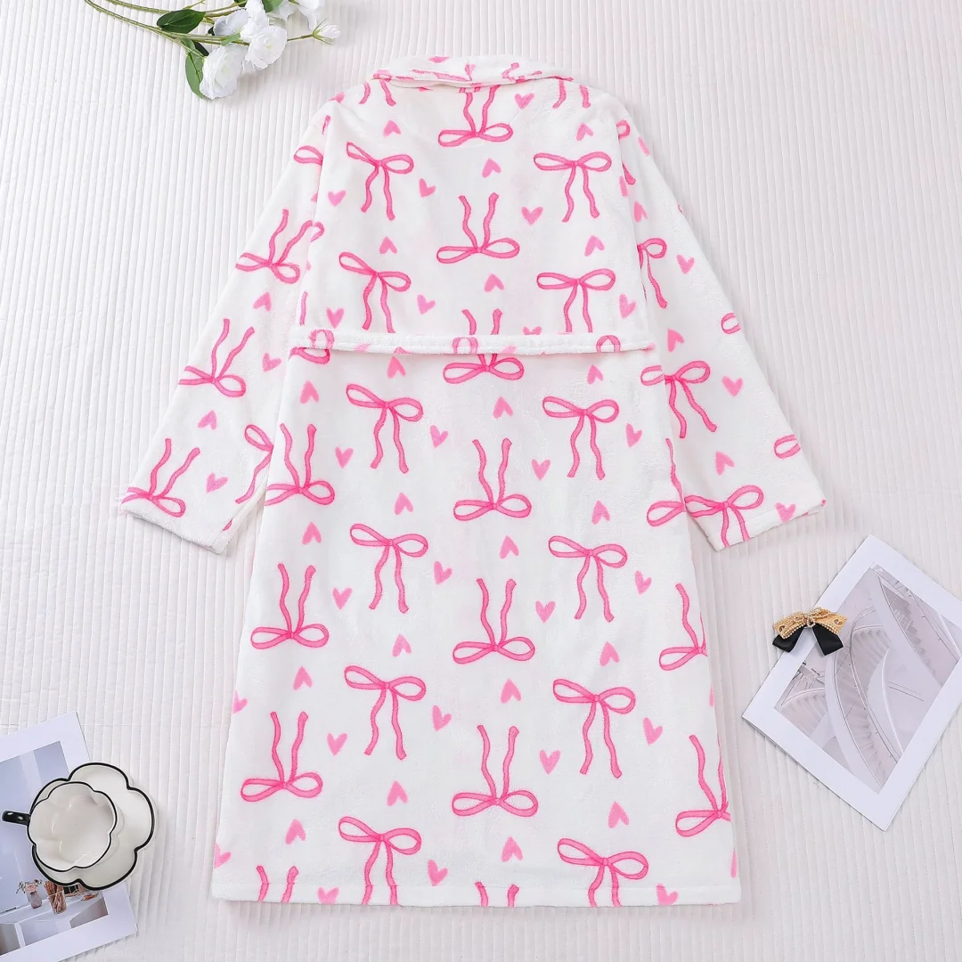 بيجامة نسائية بطابع عيد الميلاد بفيونكة وردية مطبوعة من الفلانيل ثوب نوم مخملي ثوب نوم ملابس منزلية ملابس نوم قماش شتاء دافئ