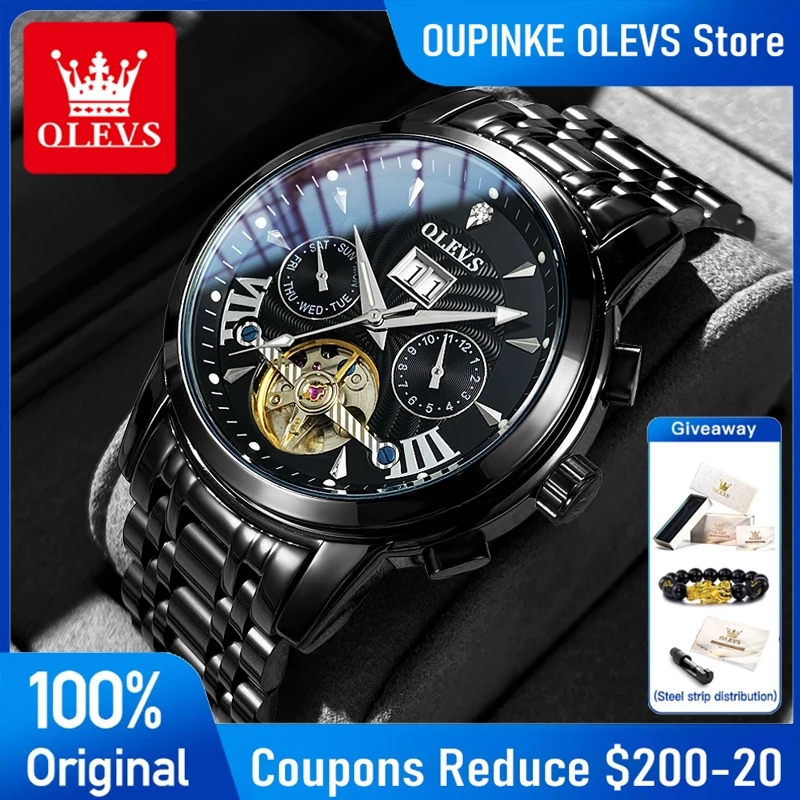 

OLEVS 9965 Mens Watch Flywheel Automatic Mechanical Watch Waterproof Calendar Week Watches For Man Stainless Steel Gift Original