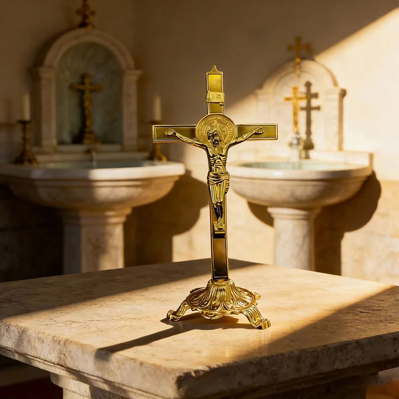 

Gold-Tone Standing Catholic Crucifix with Saint Benedict Medallion and INRI Engraving for Home Altar and Daily Prayer Rituals