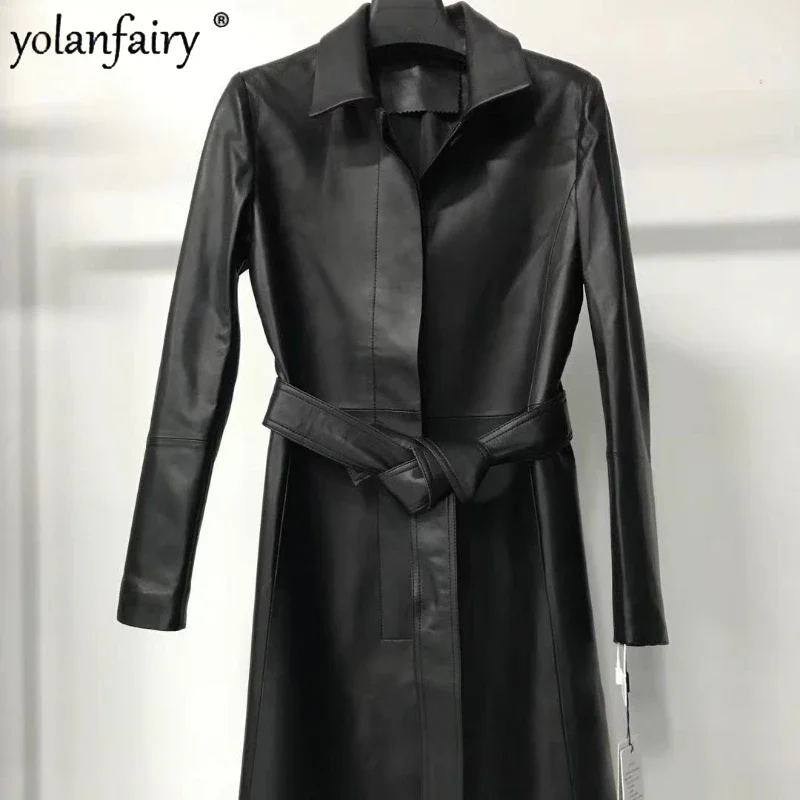 YOLANFAIRY 春本革シープスキンコート女性のミッドロング天然皮革服ファッションウインドブレーカーコートとジャケット