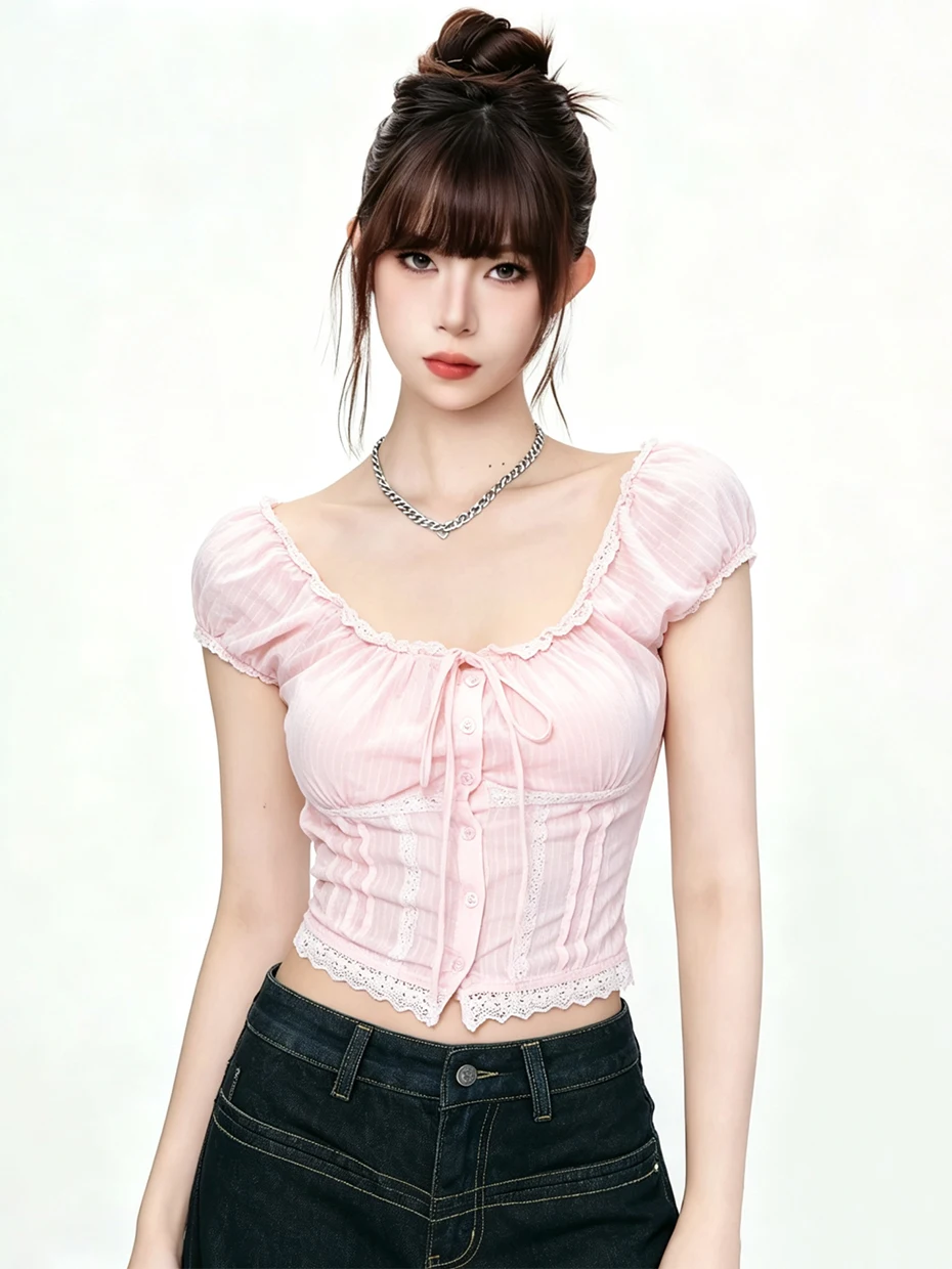 

Pink Bubble Sleeve Short Shirt Pure Desirable Style Korean Version Slim Fit Shoulder Bared Unique Beautiful Waist Cinched Wom...