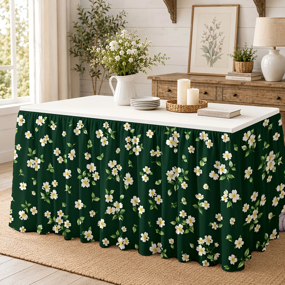 1 tablecloth table skirt, elegant white floral pattern, dark green background, perfect for wedding receptions