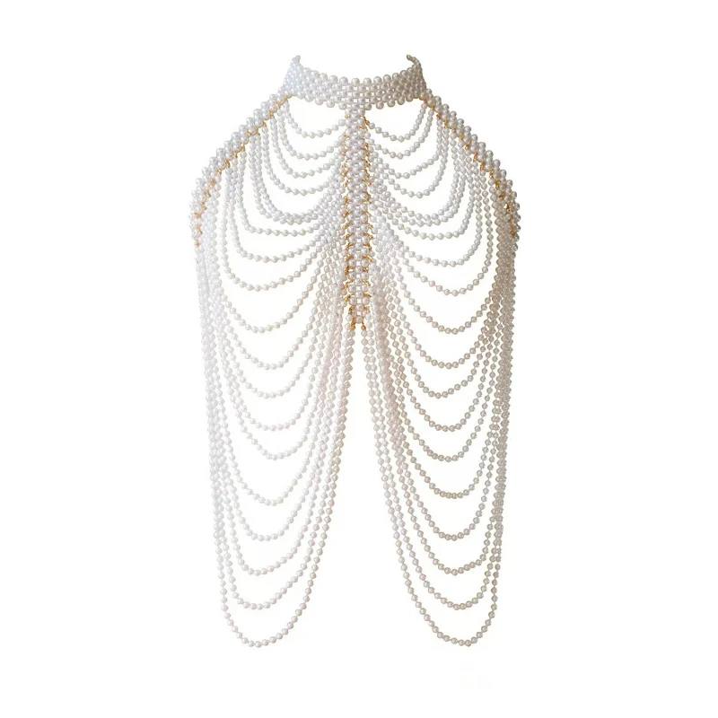 

Hand-woven Multi-layer Plastic Pearls Bra Chain Wide Collar Camis Tops Beach Holiday Travel Body Jewelry Sexy Pearls Crop Tops