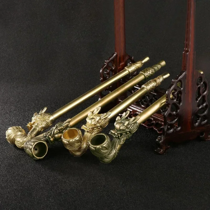 China-Chic Antique Play Dominant Dragon Head Pure Copper Cigarette Rod Smoke Gun Zodiac Dragon Copper Cigarette Set Metal Crafts