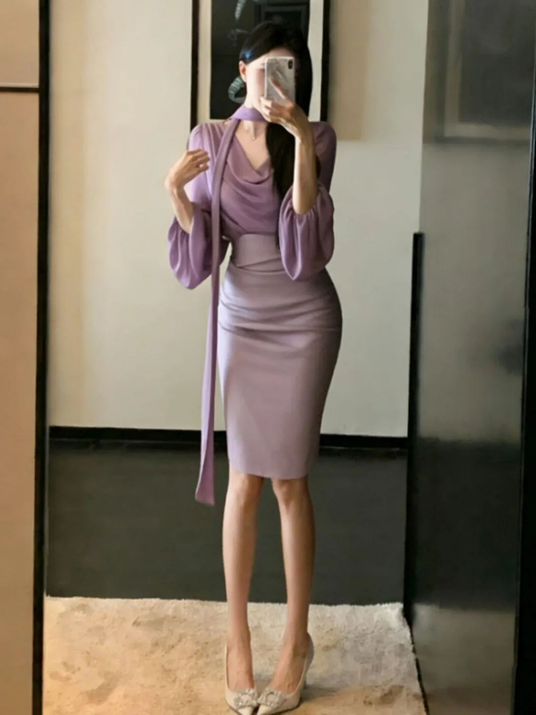 

Elegant Sister Spring Fashion Set High Waist Skirt Wrap Body Shirt Long Sleeve V-Neck Comfortable Soft Color Block