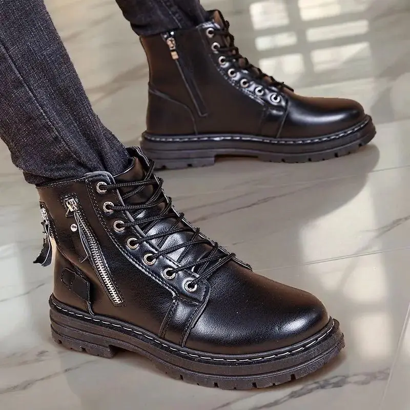 

Black Lace Up Platform Male Shoes Winter with Zip Short Barrel Classic Designer Low Price Comfortable Casual Leather Men's Boots