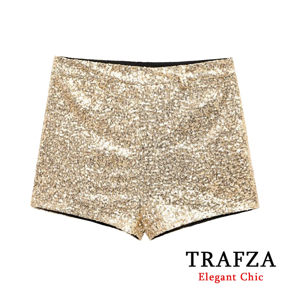 TRAFZA-Moda donna Elegent Pantaloncini con paillettes dorati Nuovo 2025 Primavera Estate Moda Y2K Pantaloncini casual Pantaloncini sexy per la cena del partito