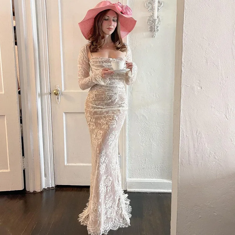 

Women's Sexy Elegant Shoulder-Bow Long Sleeve Lace Trim Halter Dress New Autumn Collection Fashionable Trendy Gown Long Dress