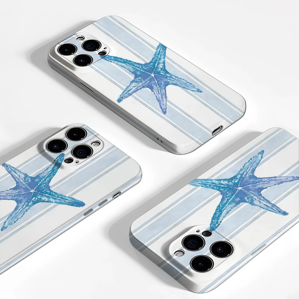 حافظة لهاتف آيفون 17 بخطوط زرقاء على شكل نجم البحر البحري لهاتف آيفون 17 16 15 14 13 12 برو ماكس بلس غطاء خلفي مزدوج الطبقة