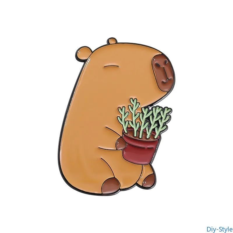 

Cute Capybara Holding Potted Plant Brooch Backpack Accessories Alloy Badge Enamel Hat Needle Wholesale