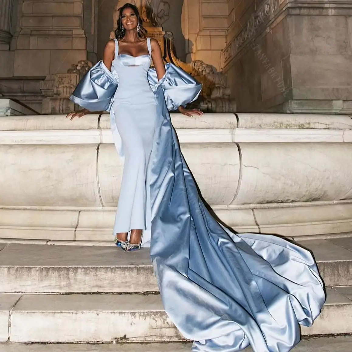 Light Blue Taffeta Cape With :Puffy Short Sleeves, Long Jacket