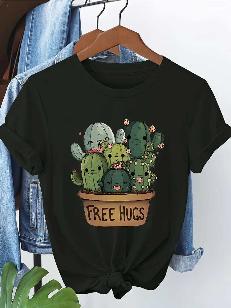 Cactus Pattern Print Women's Fashionable and Comfortable Cotton Short-sleeved T-shirt Oversized Harajuku Shirt Y2K Short-sleeved