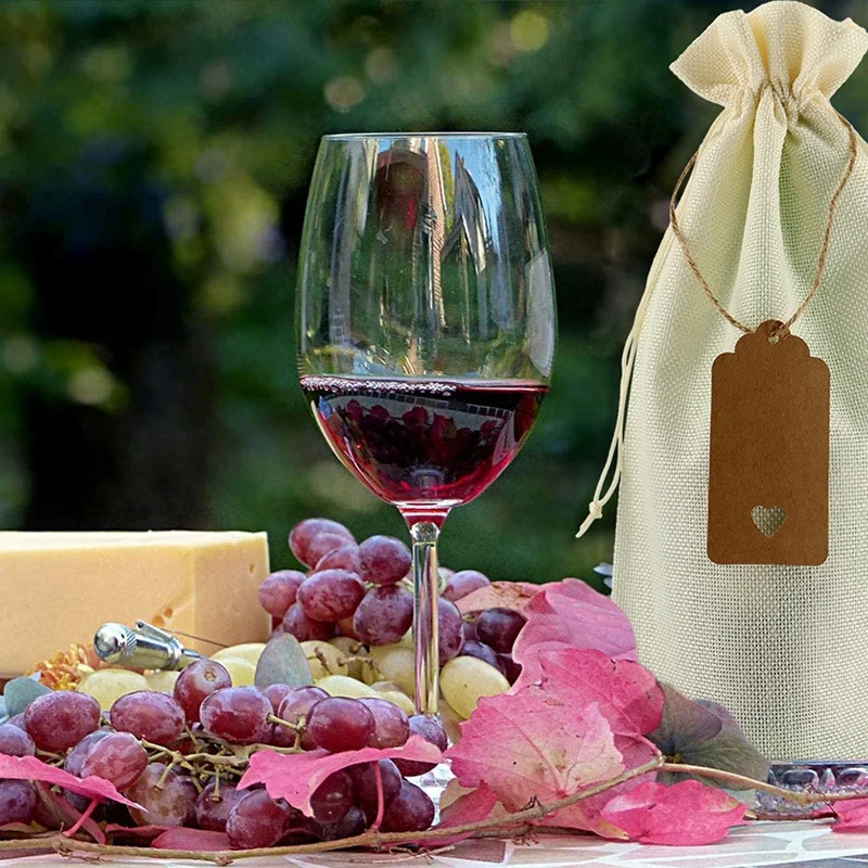 Burlap Wine Bags Wine Gift Bags With Drawstrings, Single Reusable Wine Bottle Covers With Ropes And Tags