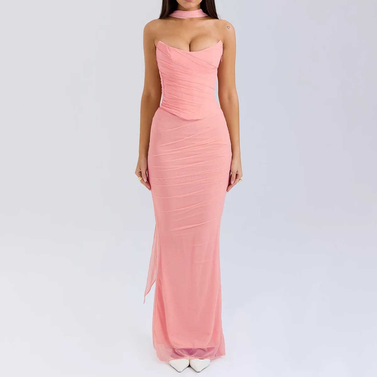 

VITRCHP Sexy Sleeveless Evening Dresses House of CB Style Elegant 3 Piece Ruched Maxi Dress Solid Strapless Cocktail Party Dress