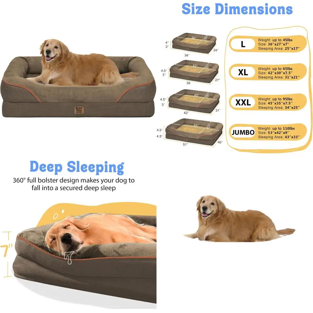 Extra Large Orthopedic Dog Bed with Removable Bolster, Waterproof Cover and Non-Slip Base
