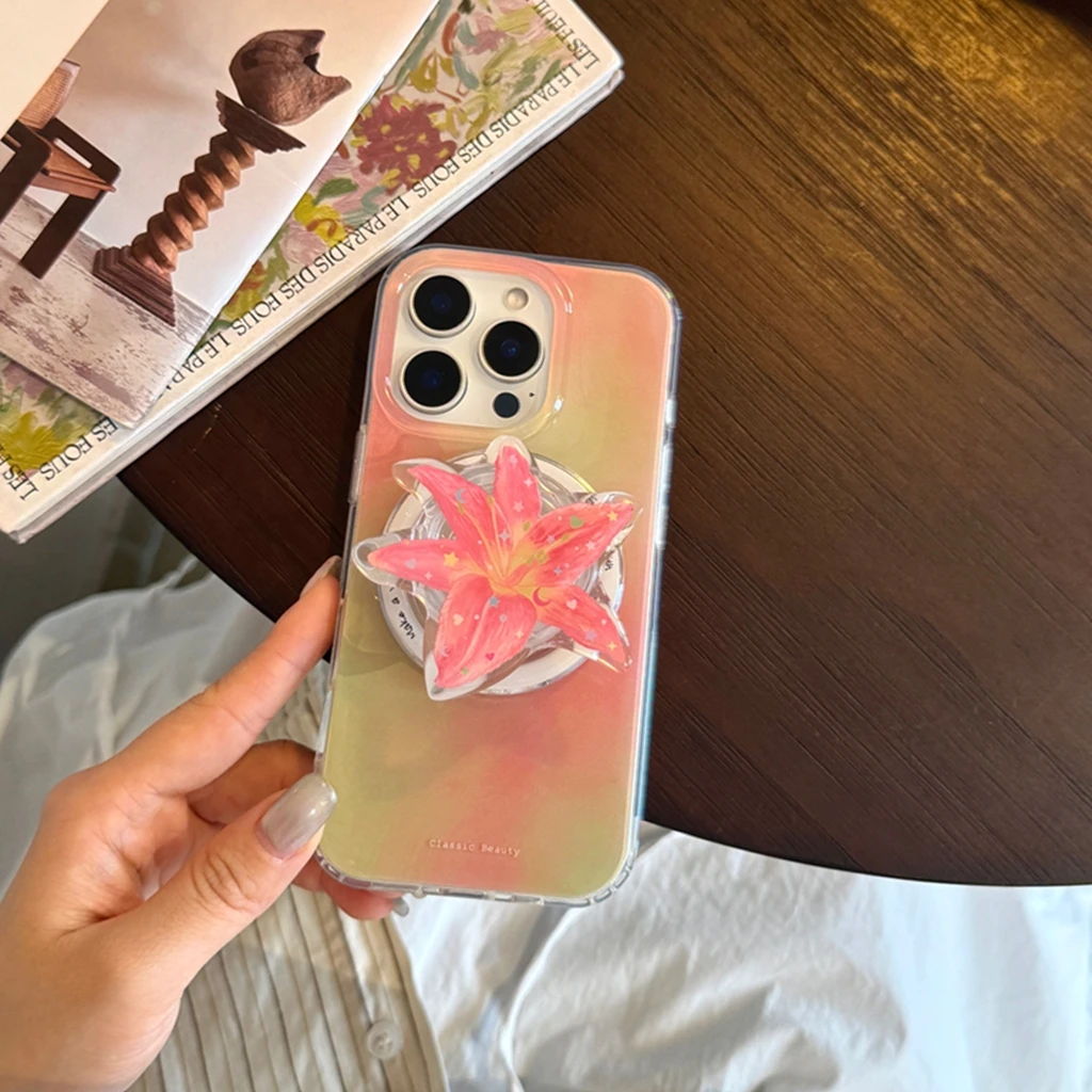 

Свежие художественные градиентные цветы лилии с держателем, магнитный чехол для телефона с беспроводной зарядкой для iPhone 16, 15, 14, 13 Pro Max