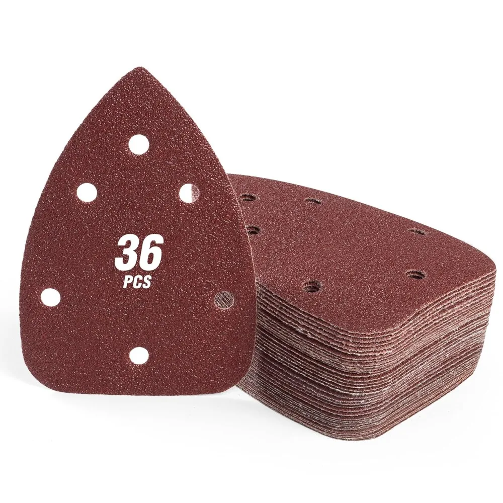 36 Pcs Triangle Mouse Sanding Sheets 6‑Hole Hook and Loop Sandpaper Pads 60-240 Grit for Detail Palm Sander Woodworking