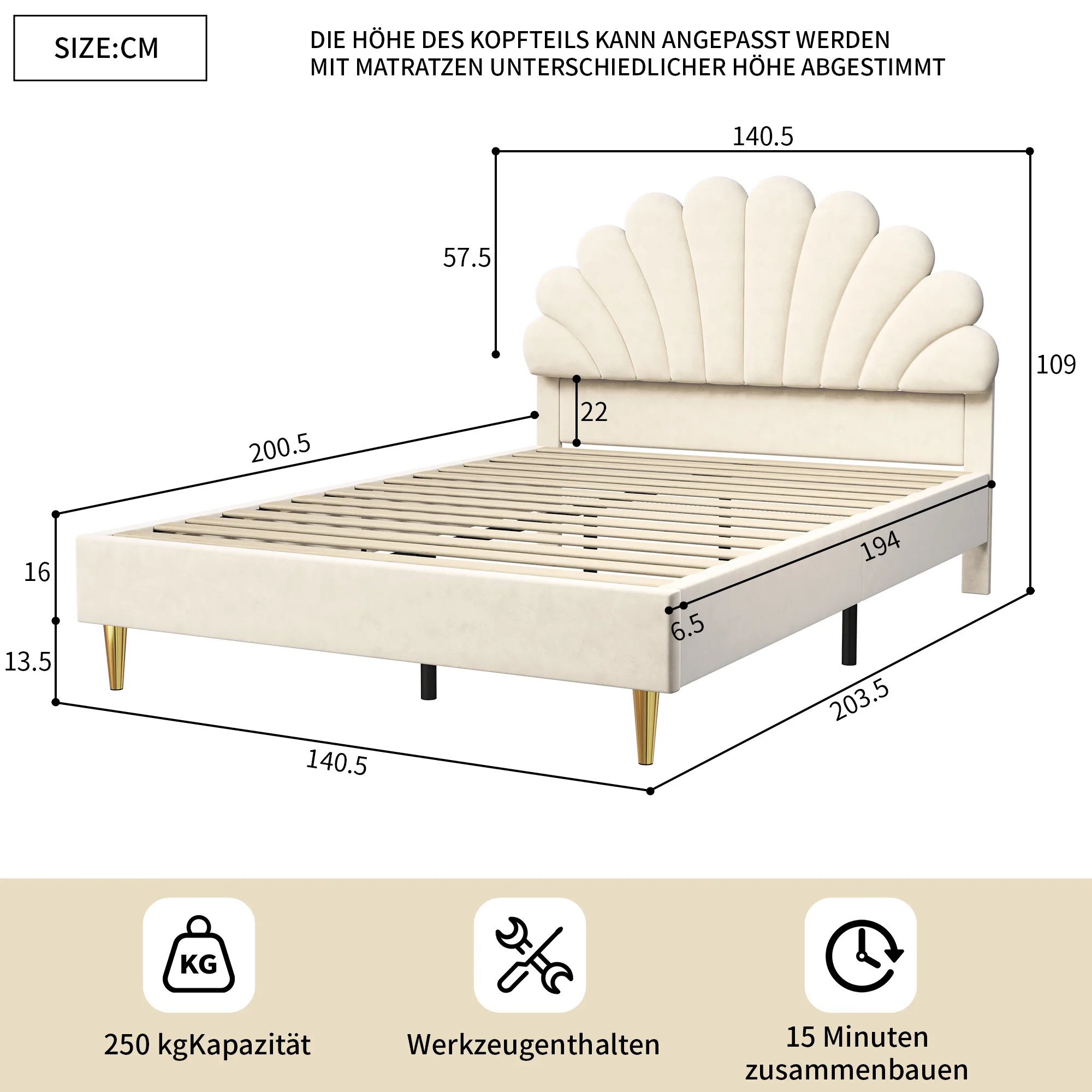 Tapicería con cabecero en forma de flor y Marco de listones, cama, cuna, beige, sin colchones, 90x200 cm