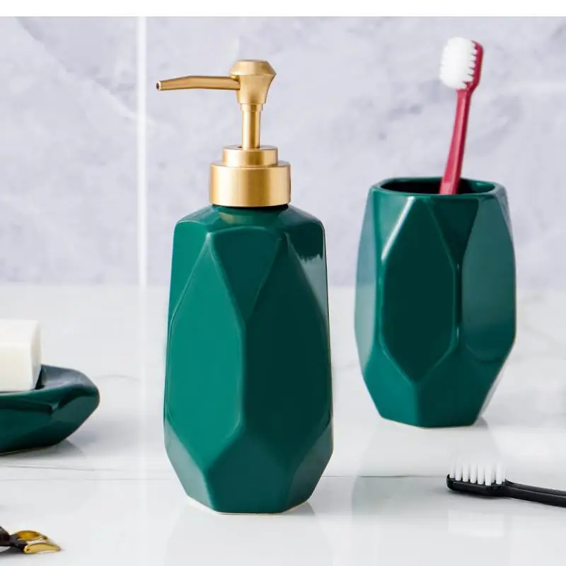 Bathroom Accessories Set, Green Ceramics, Toothbrush Holder, Soap Dispenser, Lotion Bottle, Box, Toothpaste Dispenser