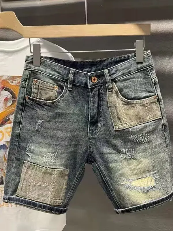 

High Elasticity Slim Fit Men's Denim Shorts Summer New Style Worn out Patch Casual mid Waist Zipper Fly Blue Jeans