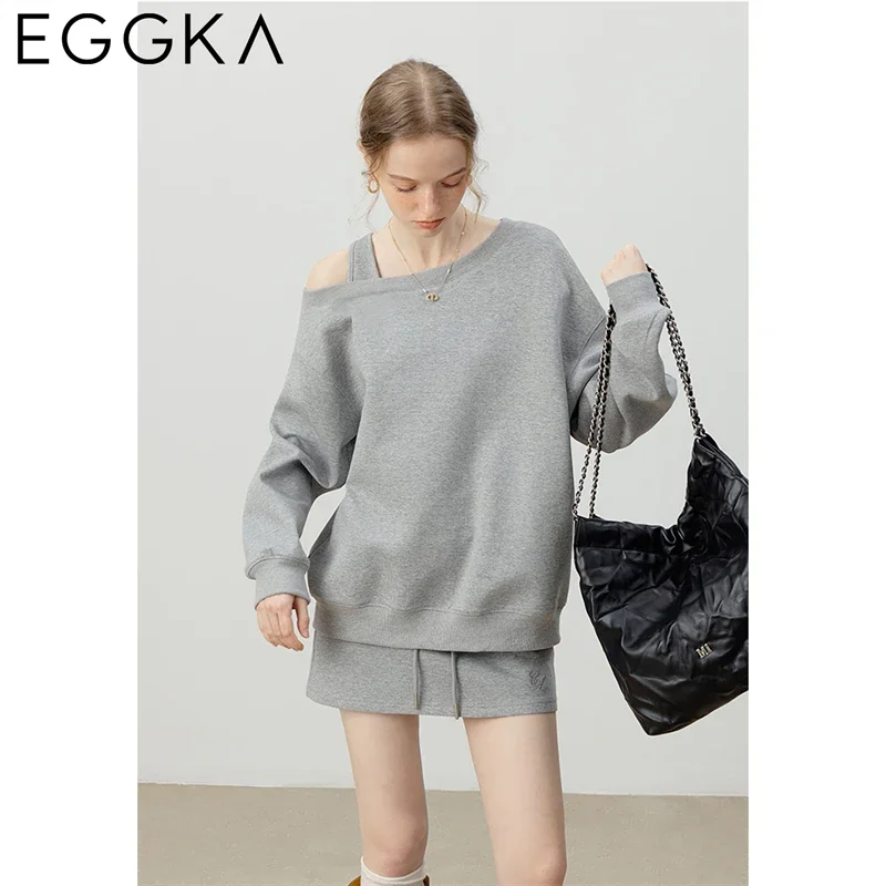 EGGKA Loose Solid Long-sleeved Strapless Sweatshirts Women\'s Drawstring Sport Mini Skirt Korean Fashion Autumn Casual Suit Gray