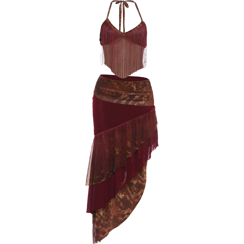 Kliou Quasten-Dekorations-Set, 2-teilig, Damen Neckholder-Top mit tiefem Ausschnitt und rückenfreiem Design + unregelmäßiger Patchwork-Maxirock, sexy Mode-Outfits – Detail 2