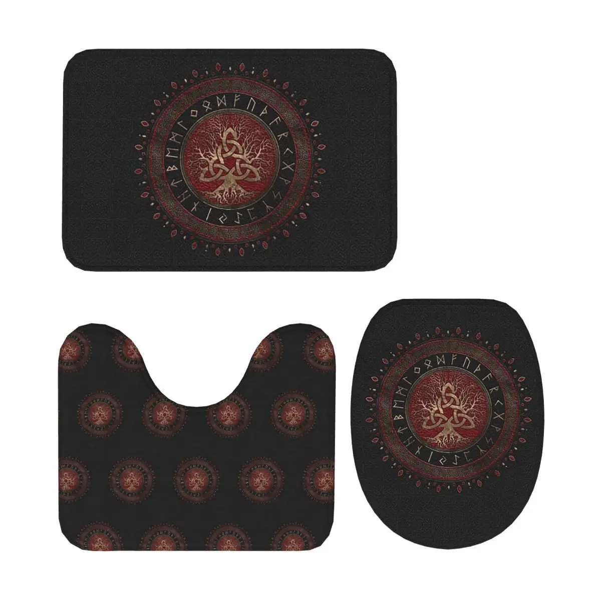 

Tree Of Life With Triquetra Black Red Leather And Gold 3 Pcs Bath Mat Bathroom Set Toilet Lid Cover Home Decor Carpet Floor Rug