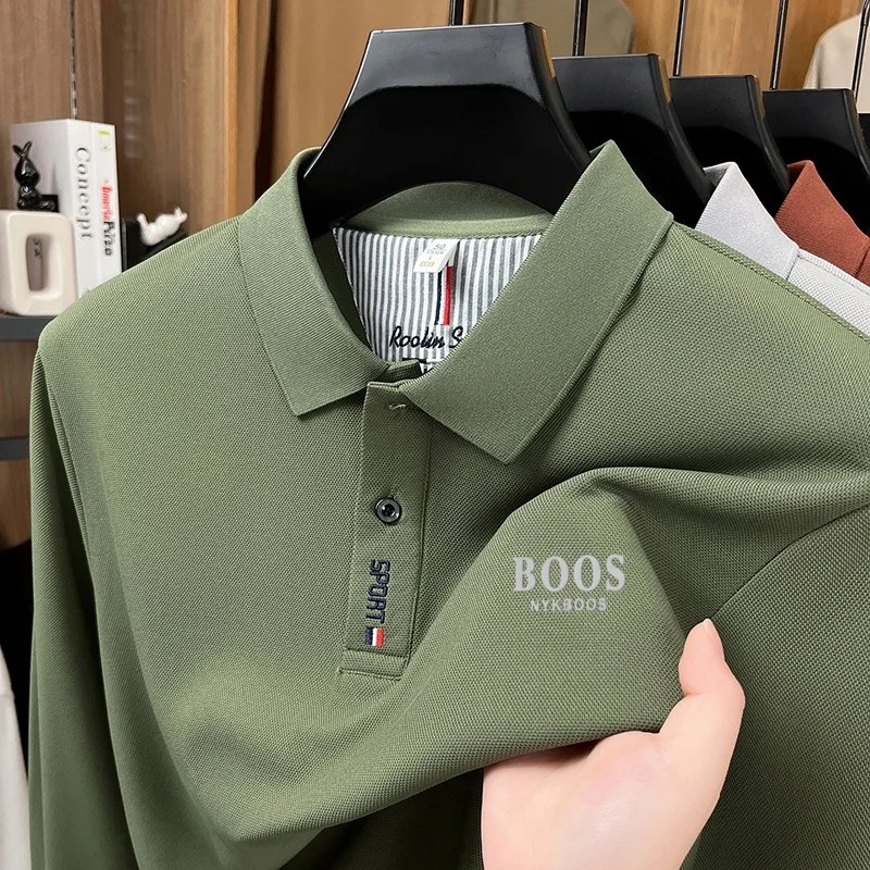 Herren Frühling Herbst Neue Mode Revers-Print Polo-Shirt Original Einfarbiges Langarm-T-Shirt Täglicher Komfort Büro Herrenbekleidung – Detail 4