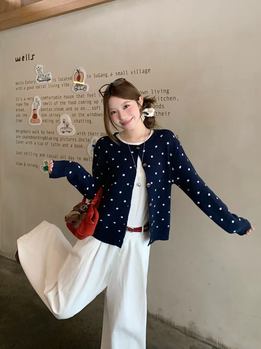 الحلو الكورية Sle فضفاض سترة مشغولة من الصوف المرأة البولكا نقطة جولة Ne مفتوحة الجبهة سترة ort ملابس خارجية الخريف Faion