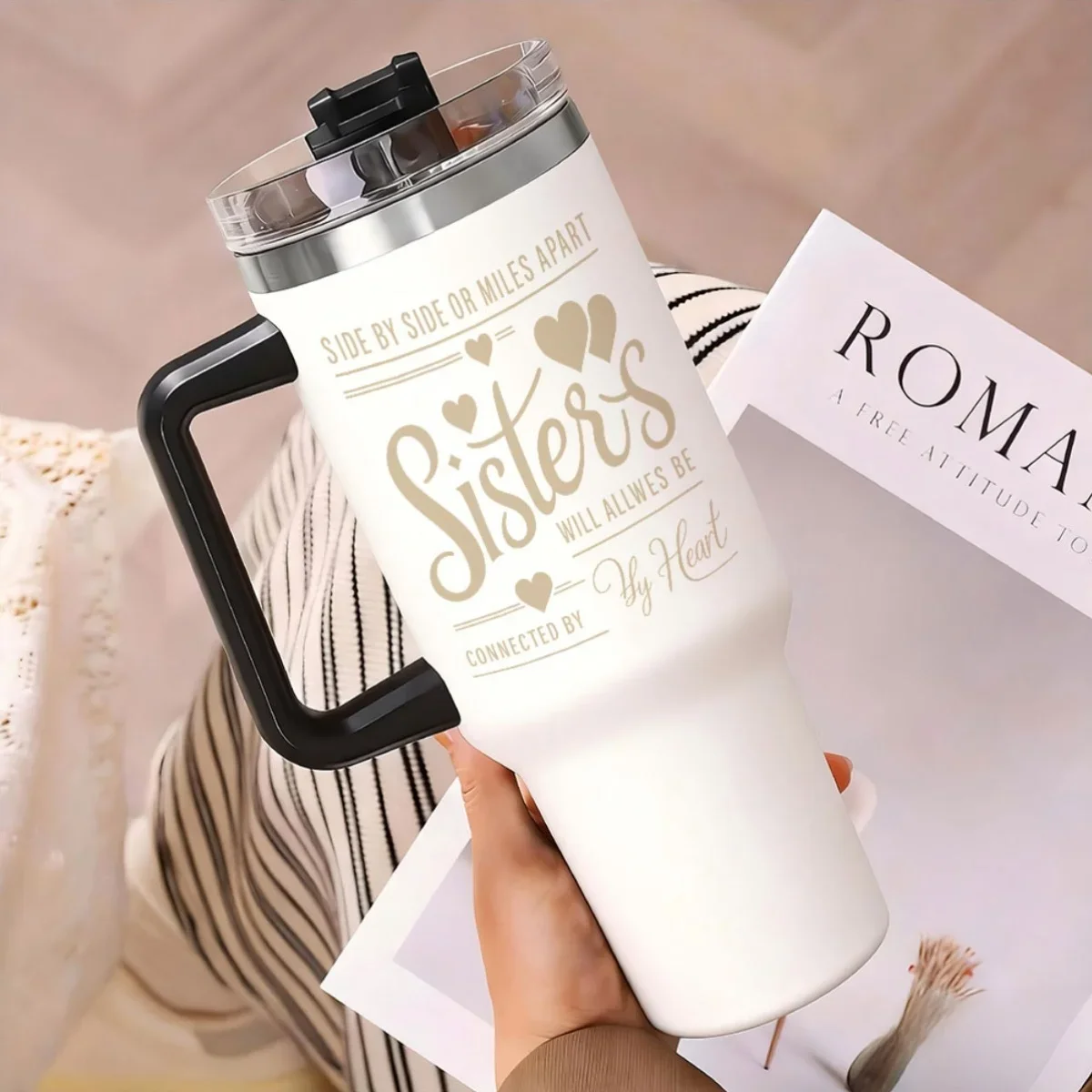 40oz Tumbler with Handle Sisters Inspirational Quote Heart Text Print Insulated Cup, Other colors sold out, random black or white shipment for other color orders