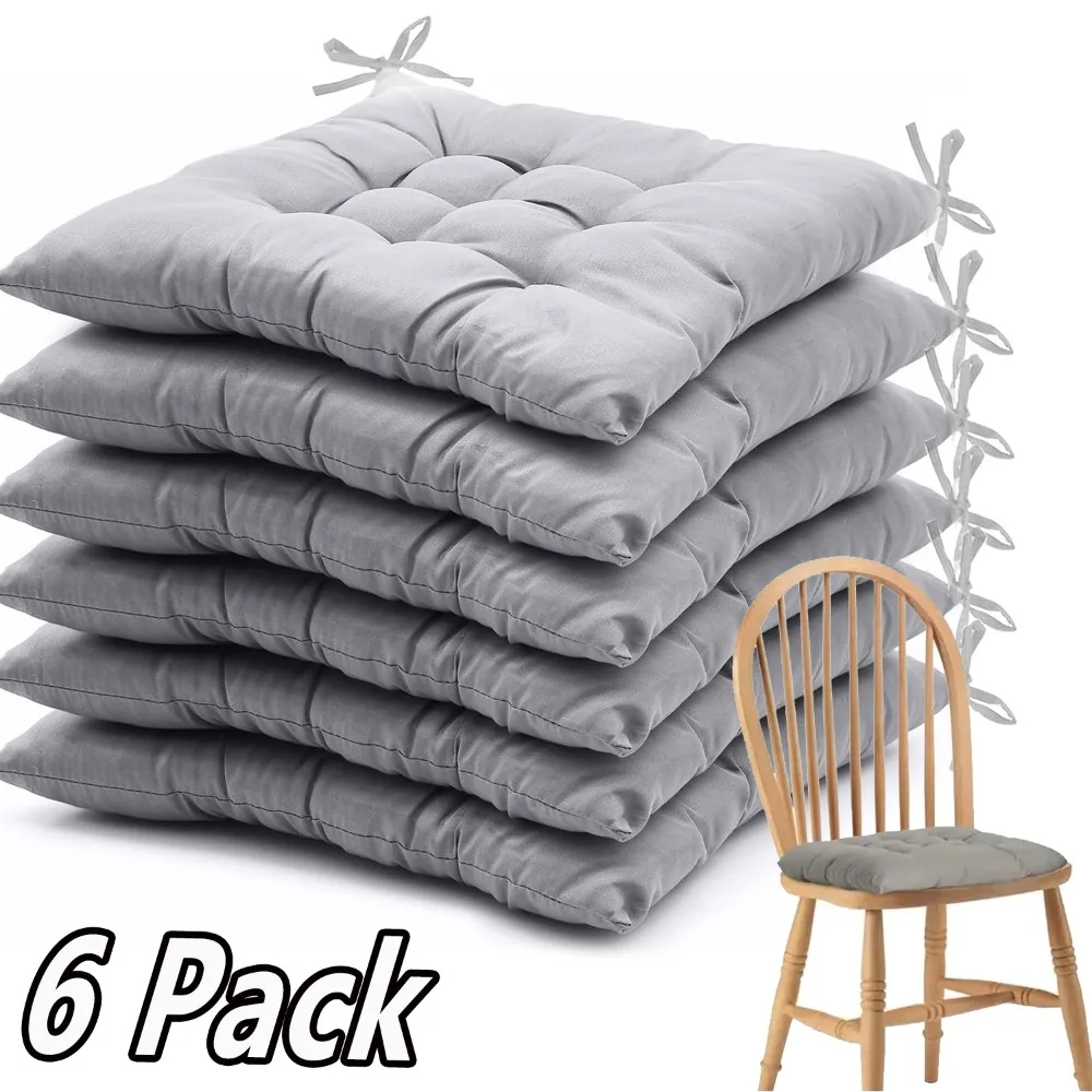Paquet de 6 coussins de chaise carrés épais, coussinets de siège en fibres douces avec attaches pour chaises de salle à manger à bascule, utilisation intérieure et extérieure toutes saisons