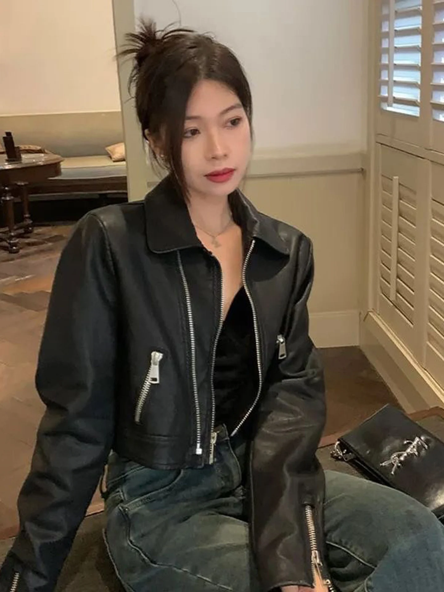 Black Short PU Leather Biker Jacket Women's Fashion Retro Design Sensation American Style Trendy Coat Autumn New Arrival