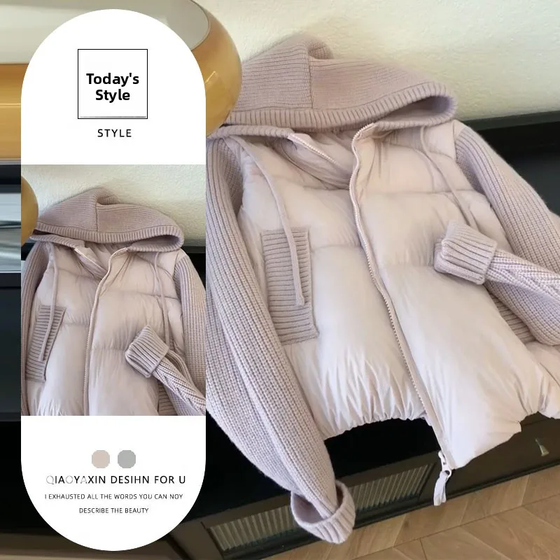 

Pink Spliced Knitted Loose Thickened Cotton Jacket Women's Outerwear Autumn Winter New Style Commute Style High Sensation