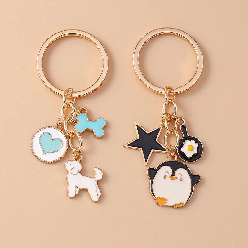 LLavero de animales de dibujos animados esmaltado perro pingüino corazón estrella colgante llaveros para mujeres hombres llave de coche bolso colgante llaveros regalos