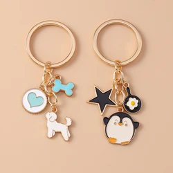 Cartoon Animal Keychain Enamel Dog Penguin Heart Star Pendant Keyrings for Women Men Car Key Handbag Pendnant Key Chains Gifts