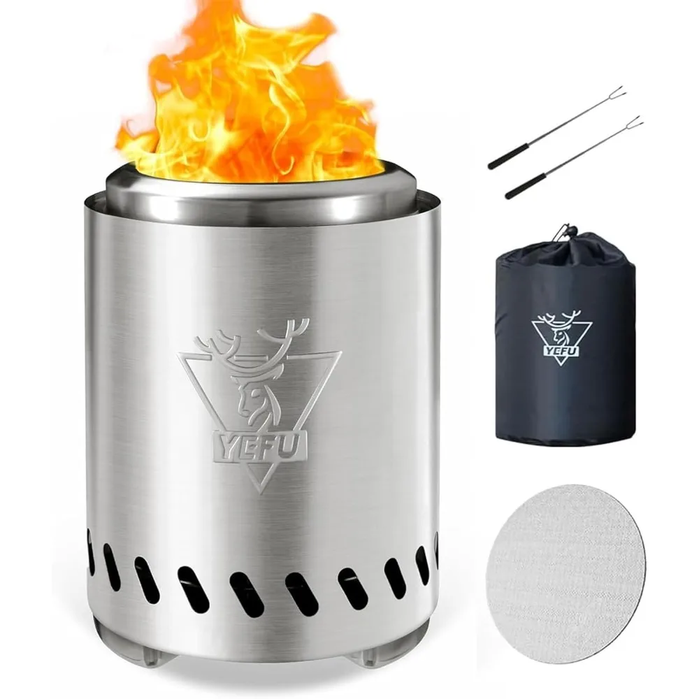 

Tabletop fire pit 9.7 x 7.1 inches, low smoke camping stove with travel bag and 2 mini sticks and fire pad, silver