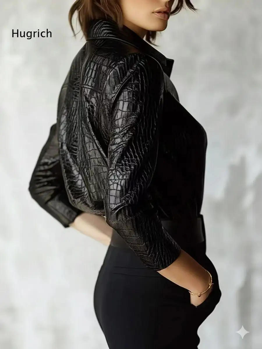Croc Embossed Faux Leather Slim Shirt Women Lapel Collar Button Front Long Sleeve Blouse For Work And Commute Matching