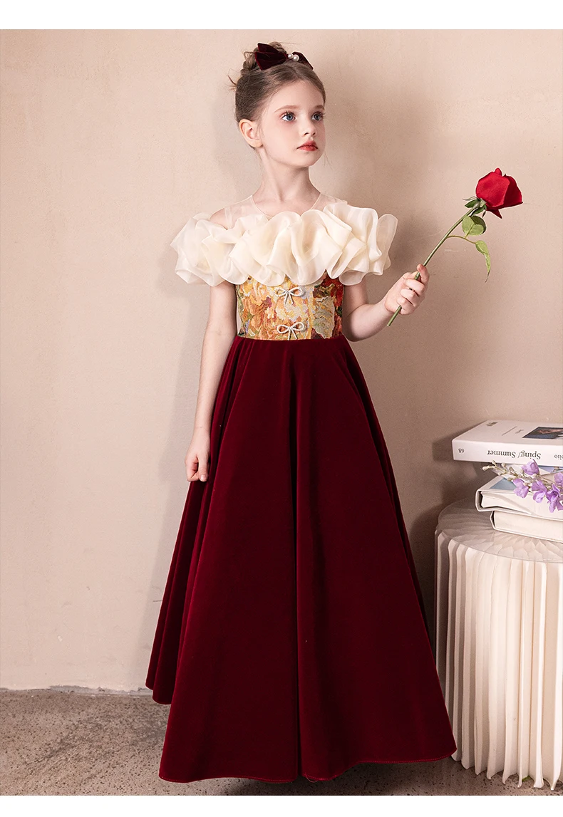 Luxuriöse formelle Kleider aus Samt für Mädchen für Kirchenkommunion, Konzerte, Bankette – elegantes bodenlanges Design