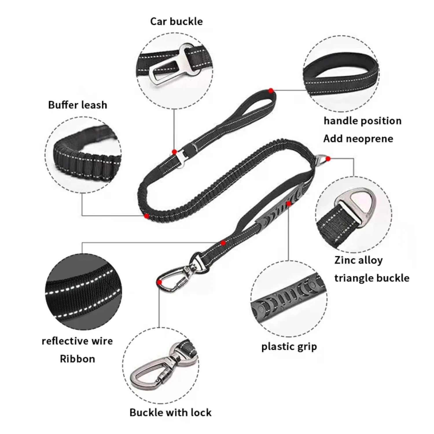 

Nylon reflective multi-functional retractable dog leash with car safety buckle