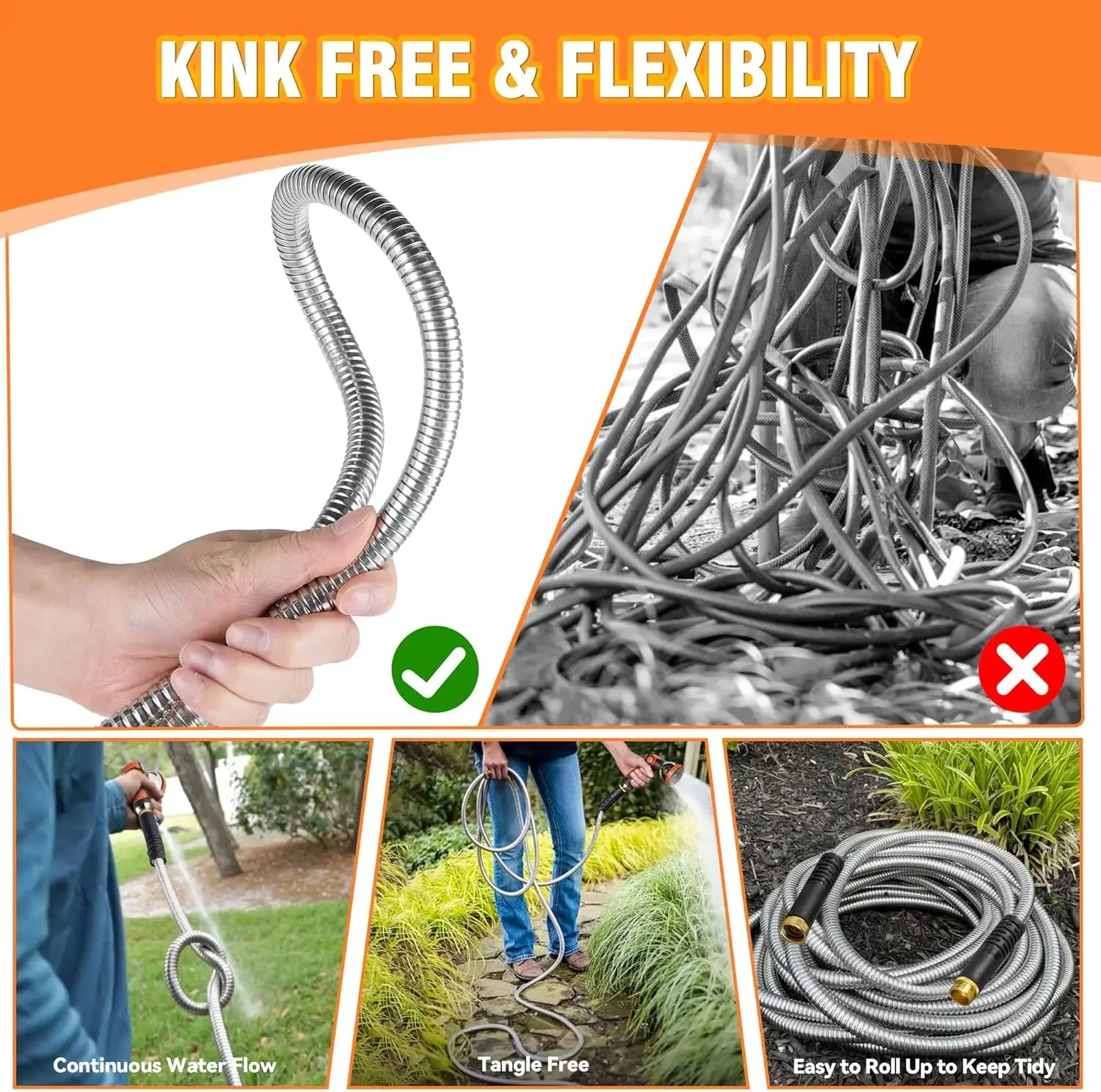 Garden Hose 75FT Stainless Steel Water Hose with 10 Functions Adjustable Spray Nozzle Heavy-Duty Metal Garden Hose Flexible
