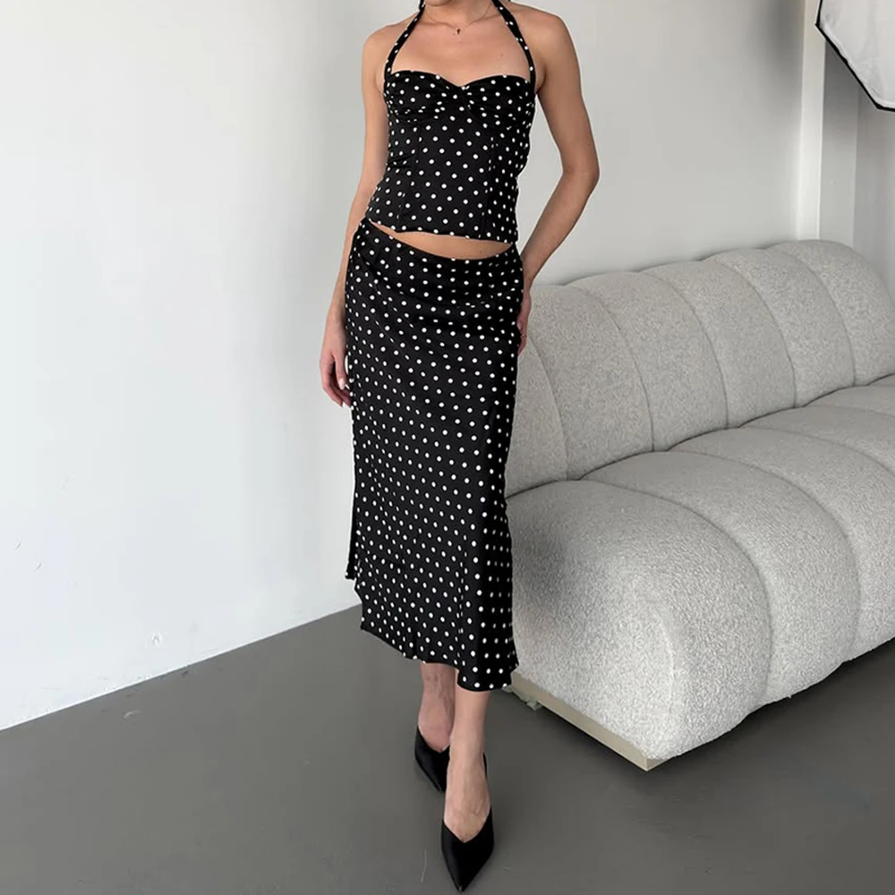 Letni Zestaw Sukienek Tuularose, 2-częściowy, Damski, Seksowny Top w Kropki, Casualowe Zestawy Spódnic Maxi, Casualowe Zestawy Sukienek na Imprezę, Wakacje, Styl Y2k, Damski Zestaw Sukienek