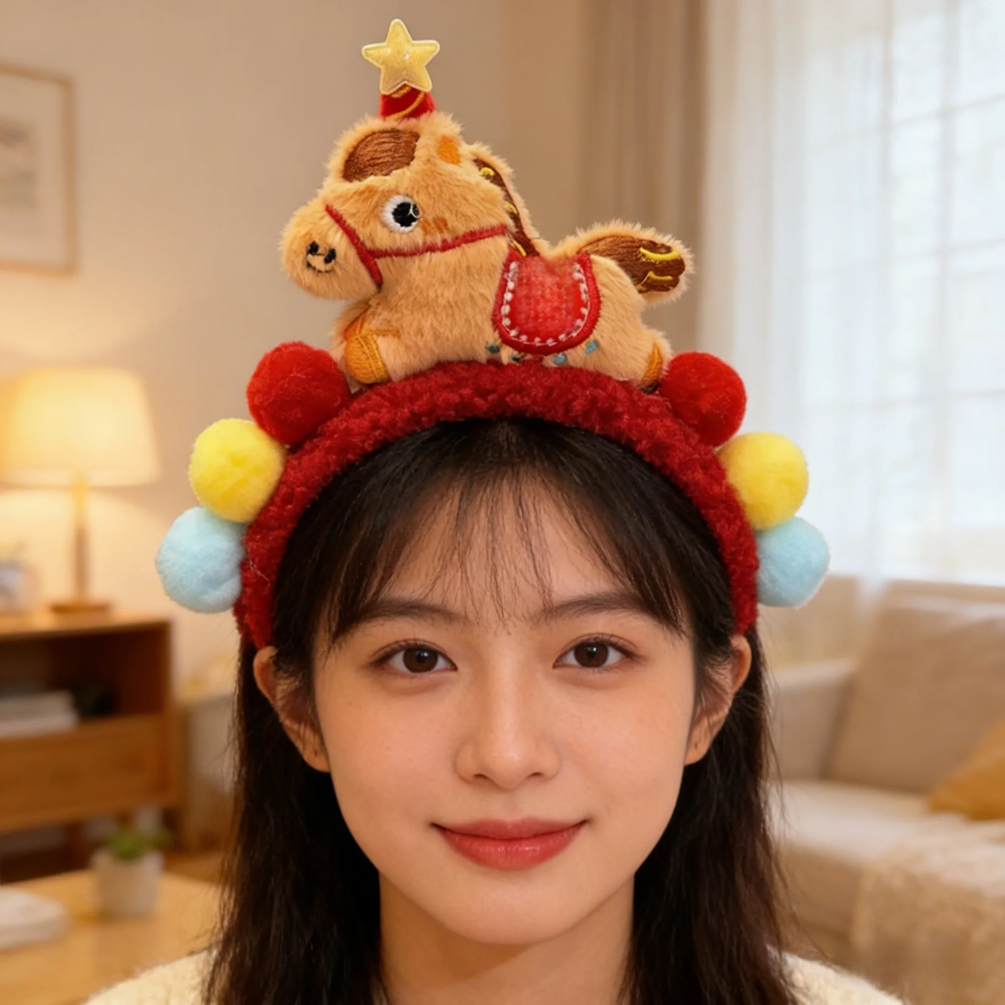 

Милый плюшевый ободок для волос в виде мультяшной лошадки, изысканный талисман удачи, головной убор в виде пони, красный, в китайском стиле, новогодний талисман, повязка на голову для празднований