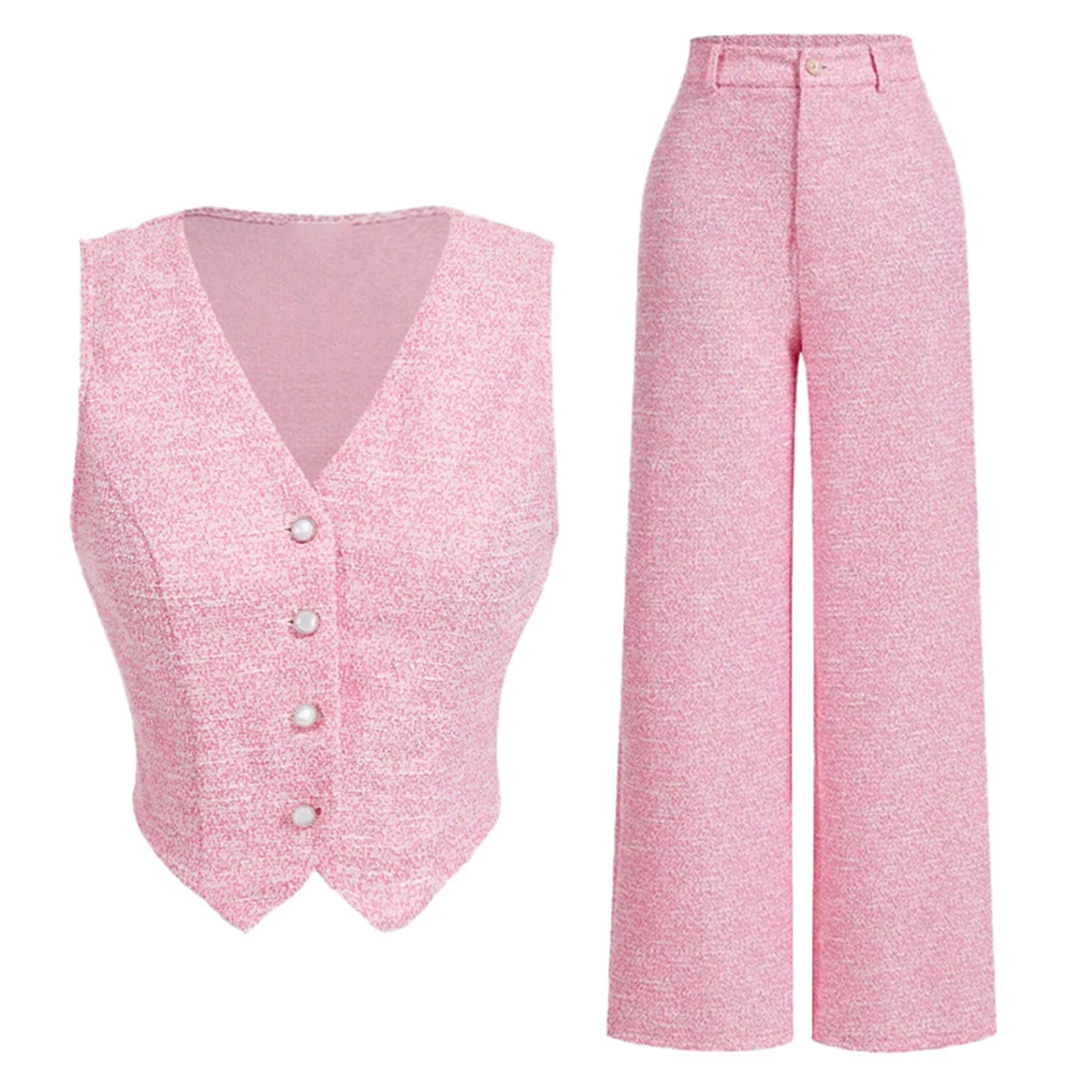 

Women Classic Tweed Outfit Elegant French-style Office Work Suit V Neck Sleeveless Button Waistcoat and Wide Leg Pants Sets