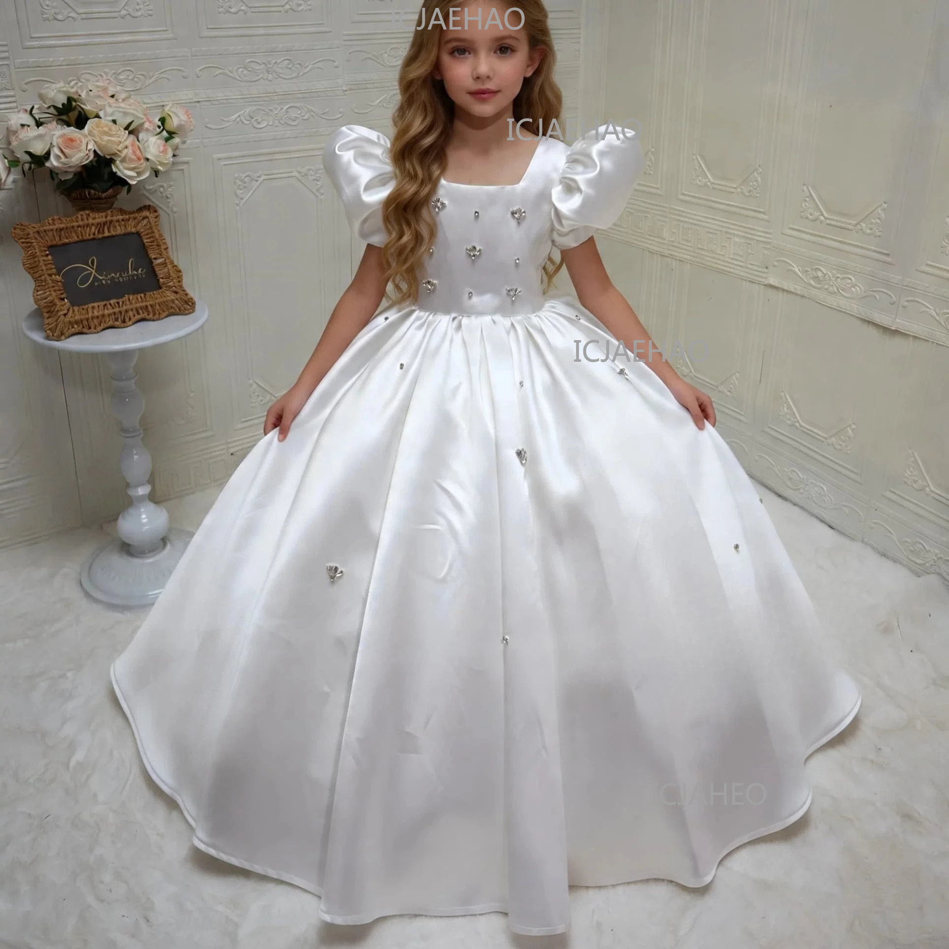 

Girls White Puff Sleeve Princess Dress, Rhinestone Embellished Tulle Performance Outfit, Gorgeous Photoshoot Party Gown