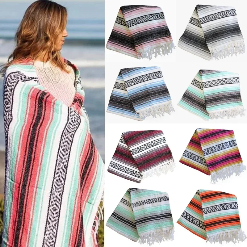 Ethnic Style Beach Blanket Beach Towel Tassels Throw Rug Mexican Style Blankets Picnic Blanket Handmade Striped tablecloth